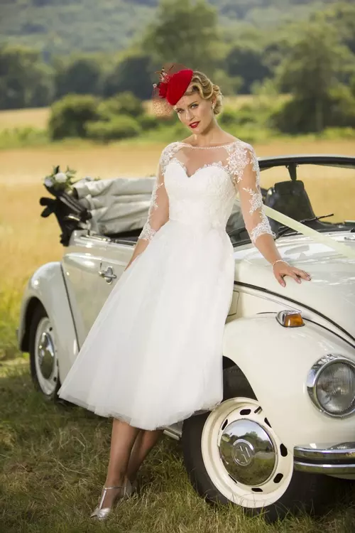 Polly 50s Style Short Lace Wedding Dress with Sleeves Brighton